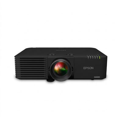 Black Epson PowerLite L615U laser installation projector, front view on a white background, showing the large centred lens, top zoom and focus dials, and the EPSON logo.