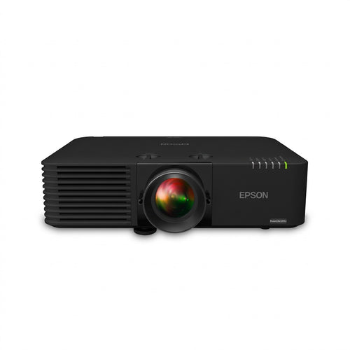 Black Epson PowerLite L615U laser installation projector, front view on a white background, showing the large centred lens, top zoom and focus dials, and the EPSON logo.