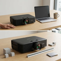 Epson projector on a workspace desk with a laptop, hand, and measuring objects for size reference.