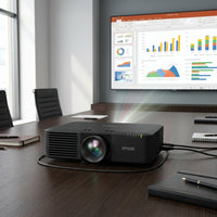 Epson PowerLite L615U projector in a clean, brightly lit conference room environment, projecting a colorful data presentation.