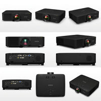 A visual matrix presenting the black Epson projector from eight different professional angles against a clean background, as requested for undefined variants.