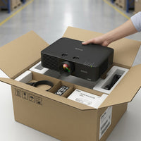A photo shows the Epson L615U projector being unboxed from protective foam packaging and a shipping carton.