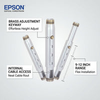 A professional ecommerce image showing the Epson 9-12" Extension Column (V12H810001) with callouts highlighting its main features: Brass Adjustment Keyway for effort-free height adjust, Internal Cable Access for neat leading, and a 9-12 inch extension range for flexible installation. The clean graphic design utilizes pointer lines and concise text benefits on a light gradient background.
