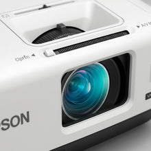 Extreme close-up of the Epson PowerLite 535W projector lens, focus rings, and intricate surface details.