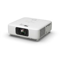 White Epson 3LCD throw laser projector shown at a three-quarter front angle on a white background, with the lens, top control panel, and side ports visible.