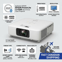 E-commerce infographic displaying an genuine Epson L210SW short-throw laser projector with performance icons.