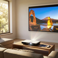 A high-quality lifestyle image of the Epson PowerLite 1780W projector in a coffee table setting, projecting onto a screen.