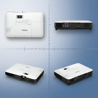A matrix of four Epson PowerLite 1780W projector views: top-down, rear port layout, front-side 3/4, and rear-side 3/4, shown against a gradient blue background.