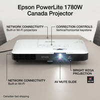Epson PowerLite 1780W projector in a meeting room, highlighting features like Wi-Fi, image correction, and brightness.