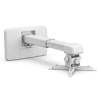 White Epson ultra-short-throw projector wall mount, with a flat wall plate, telescoping arm, and an adjustable universal projector bracket, on a white background.
