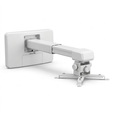 White Epson ultra-short-throw projector wall mount, with a flat wall plate, telescoping arm, and an adjustable universal projector bracket, on a white background.