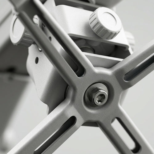 Macro view of Epson projector mount alignment mechanism showing precision bolts, gears, and materials