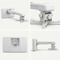 Four-panel detail view of a white Epson ultra-short-throw projector wall mount, showing the full arm, a close-up of the tilt/swivel adjustment knobs, the wall plate, and a side profile, on a white background.