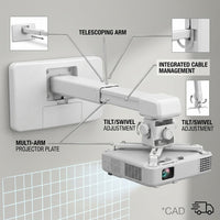 Epson Ultra-Short Throw Mount feature callout displaying telescoping arm, cable management, and projector plate.