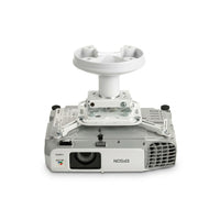 White Epson 3LCD projector shown inverted in a white ceiling mount bracket, viewed from the front with the lens, HDMI label, and Epson logo visible.