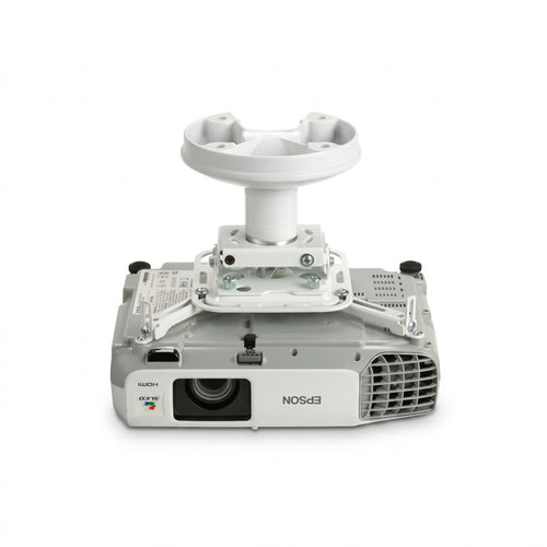 White Epson 3LCD projector shown inverted in a white ceiling mount bracket, viewed from the front with the lens, HDMI label, and Epson logo visible.