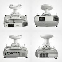 A visual matrix image displaying the Epson universal projector mount attached to a projector from multiple useful angles on a premium grid background.