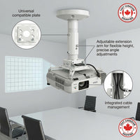 Epson Universal Projector Mount Kit ELPMBPJGV12H8 product infographic showing features like height and angle adjustment, universal plate, and cable management.
