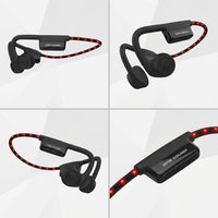 A matrix image featuring the OPN Sound Dashlyte+ open-ear headphones from four different angles.