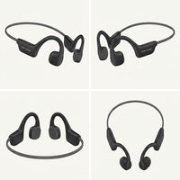 Four views of black OPN SOUND Osso bone conduction headphones arranged in a 2x2 grid.