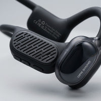 Close-up view highlighting the textures, controls, and OPN SOUND logo on the bone conduction headphone.
