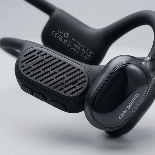 Close-up view highlighting the textures, controls, and OPN SOUND logo on the bone conduction headphone.