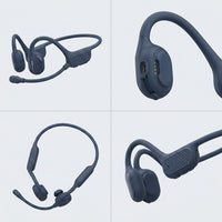 2x2 grid showing OPN Sound Swym+ Open Sound headphones from front, side, and component angles on a grey grid.