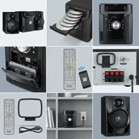 Nine-panel detail grid of the black Sharp CD-BH950 mini component system, showing the full system, its 5-disc CD changer, top control panel, cassette deck, remote with NFC pairing, rear connection panel, included accessories, the unit on a shelf, and a bookshelf speaker close-up.