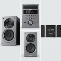 Multi-panel view of a silver Sharp XL-BH250 micro shelf stereo system with CD player and Bluetooth, shown with its matching two-way bookshelf speakers from the front, plus a rear view of the speaker connection terminals.