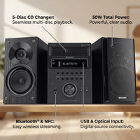 An operational feature graphic for the SHARP XL-BH250 micro system, with minimal overlay callouts highlighting its key functions, including 5-disc CD changer, 50W output, Bluetooth with NFC, and USB input, on a clean, professional background.