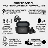 An eCommerce infographic with the black Sharp HP-TW45-BK earbuds and case at its center. Clean, neutral icons and text call out key specifications and features to build trust and authority. This includes "SHARP QUALITY ASSURED," "SECURE EARCLIP DESIGN," "IPX4 WATER RESISTANT," "BLUETOOTH 5.3 TECHNOLOGY," "SHARP CORPORATION CANADA," and "FAST CANADIAN SHIPPING," a clear visualization of datasheet specifications and Canadian market focus without any fictional service claims.