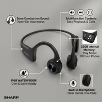 Feature diagram of the Sharp HP-BC55 bone conduction headphones, labelling six features described in the list below