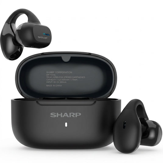 Sharp HP-TW45-BK Earclip Open-Ear True Wireless Earbuds — Secure Fit, IPX4 Water Resistant