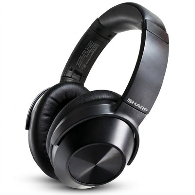 A flawless product photograph of the black Sharp HP-60 headphones centered on a pure white background.