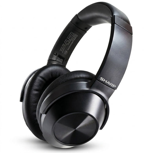 A flawless product photograph of the black Sharp HP-60 headphones centered on a pure white background.