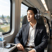 Man in a dark blazer wearing black Sharp HP-60 over-ear headphones, seated by the window of a train and looking out at a passing suburban landscape.