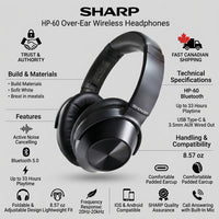 Feature infographic for the Sharp HP-60 over-ear wireless headphones, showing the black headphones at centre surrounded by icons for active noise cancelling, Bluetooth 5.0, up to 33 hours of playtime, USB-C and 3.5mm AUX, and a built-in mic.