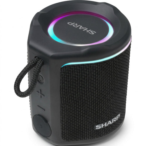Black Sharp GX-BT190-BK portable Bluetooth speaker on a white background, shown at an angle with its glowing pink-and-teal LED ring lit, fabric grille, rubber carry loop, and side control buttons.