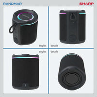 Four-panel product grid of a black Sharp GX-BT190-BK portable Bluetooth speaker showing the top LED ring, the side control buttons and carry loop, the front fabric grille with built-in microphone, and the passive bass radiator on the base.