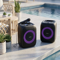 Sharp PS-914 speaker playing music and using TWS, poolside.