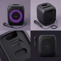 Four-quadrant image matrix showing the Sharp PS-914 speaker from multiple views and its microphone.