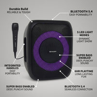 A  Sharp PS-914 black portable speaker with a purple circular accent ring, shown with a handheld microphone and multiple white callout lines with text describing features such as Bluetooth 5.4, 5 LED light modes, super bass, and 6-hour playtime on a light gray background.