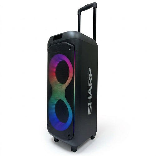 Sharp PS-935 Portable Party Speaker with RGB LED lighting, telescoping handle, and trolley wheels.