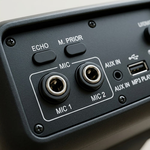 Macro detail of Sharp PS-935 interface showing two mic inputs, echo buttons, and aux-in port.