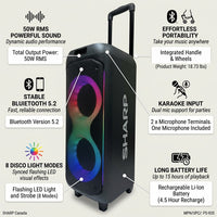 Sharp PS-935 speaker feature callout showing 50W sound, Bluetooth 5.2, LED lights, and trolley wheels.