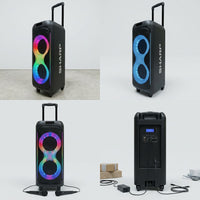 Sharp PS-935 party speaker matrix showing trolley handle, RGB LED lights, and back control panel.