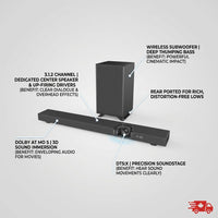 Callout matrix showcasing the SHARP Q-Series 3.1.2 Soundbar's key features.