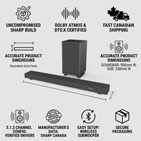 SHARP HT-SBW53121 soundbar and wireless subwoofer infographic, showcasing trust and authority with Canadian shipping and Dolby Atmos features.