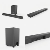 A premium eCommerce matrix image displaying the SHARP HT-SBW53121 soundbar and subwoofer from multiple angles and states.