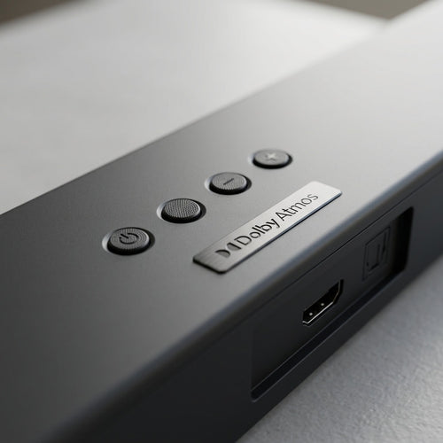 A macro view of the Sharp HT-SBW53121 soundbar, featuring detailed power, volume, and input buttons, along with visible HDMI and optical ports.